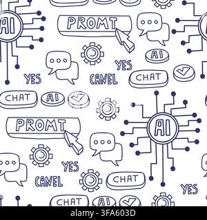 Seamless AI Doodle Pattern With Circuit Chips, Chat Bubbles, Cursor, Gears, Prompt Interfaces, Buttons, Artificial Intelligence And Digital Technology Stock Vector