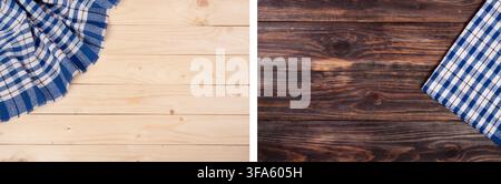 blue checkered tablecloth on a light and dark wooden table with copy space for your text. Top view. Stock Photo