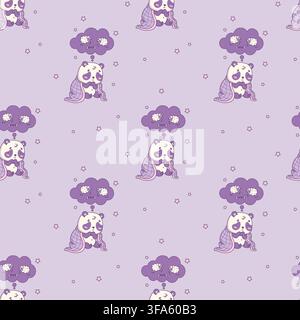 Seamless Pattern With Sad Kawaii Panda Wrapped In Blanket Counting Sheep In Thought Bubble On Purple Background. Tired Sleepless Bear Character. Repea Stock Vector