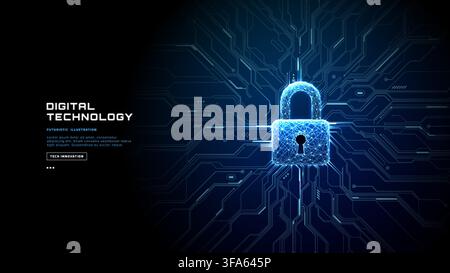 Abstract digital padlock hologram glowing on circuit board texture. Stock Vector
