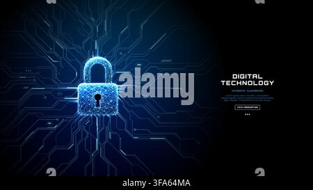 Secure padlock symbol on futuristic circuit texture. Tech background.  Stock Vector