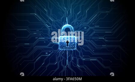 Digital lock icon centered on circuit board with glowing patterns. Stock Vector