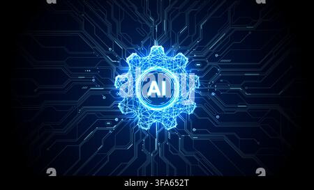Digital AI Gear on Blue Tech Circuit Background Stock Vector