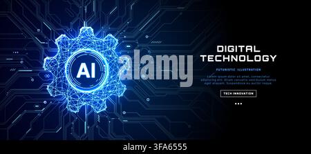 Digital AI Gear Tech Background with Circuit and Copy Space Stock Vector
