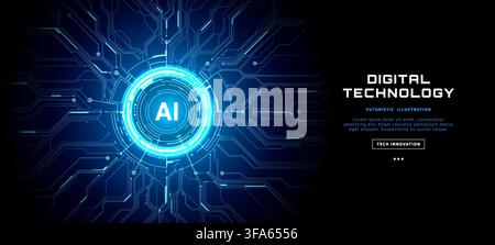 AI technology portal with radial HUD interface and glowing circuit  Stock Vector