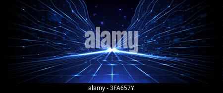 Abstract Blue Tech Background with Digital Light Speed Tunnel Stock Vector
