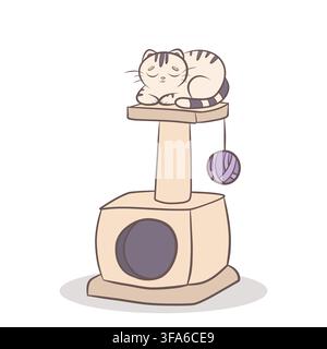 A vector illustration of a cute cat relaxing on a scratching post Stock Vector