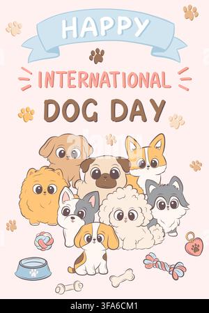 Vector illustration celebrating International Dog Day with cute puppies Stock Vector