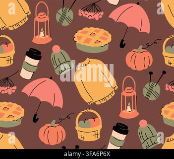 Vector cozy fall texture. Autumn mood. Seamless pattern with pie, knitting, and lantern on dark background for wallpaper and fabric. Stock Vector