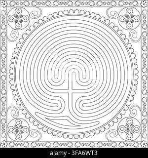 Cretian Labyrinth Adult Coloring Book Page Pattern - Sacred Geometry Design and Symbols Vector Illustration Stock Vector