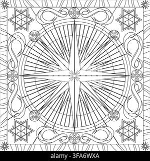 Adult Coloring Book Page - Design Compass Windrose Pattern Infinity Symbol Vector Illustration Stock Vector