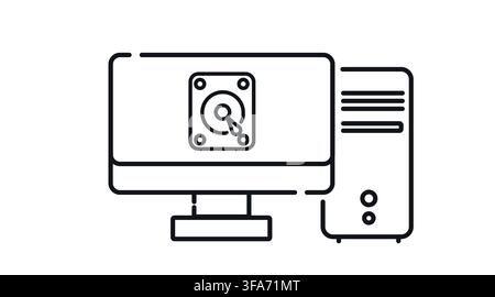 Desktop computer tower and monitor with hard drive symbol on screen vector icon. Black line art style on white background. Stock Vector