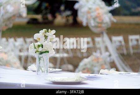 Table decoration and flowers at an outdoor wedding Stock Photo