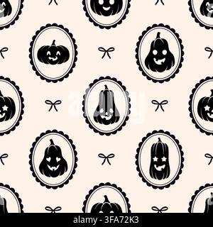 Seamless Halloween pumpkins pattern. Vector repeating background with black jack o lantern frames on cream backdrop. Stock Vector