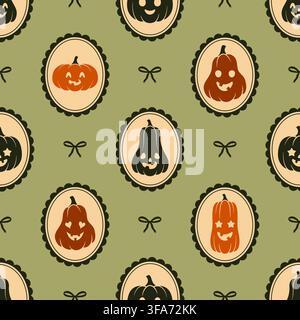 Seamless Halloween pumpkins pattern. Vector background with vintage jack o lantern frames on green backdrop. Stock Vector