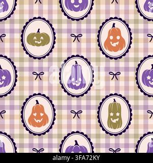 Seamless Halloween pumpkins pattern. Vector repeating background with jack o lantern frames on plaid gingham backdrop. Stock Vector