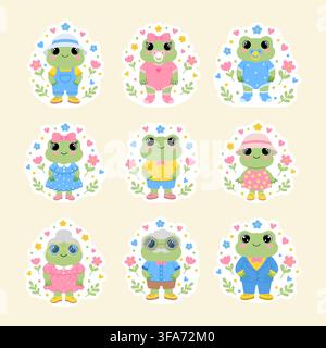 Vector frogs family stickers pack with flowers and hearts. Stock Vector