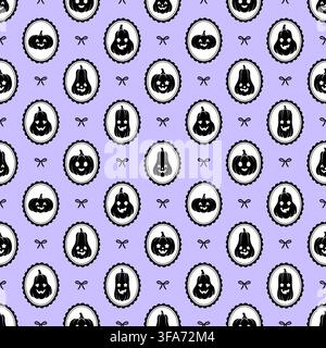 Seamless Halloween pumpkins pattern on purple backdrop. Stock Vector
