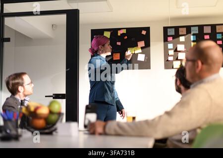 Business meeting featuring diverse professionals engaged in a brainstorming session with sticky notes and collaboration in a modern office environment Stock Photo