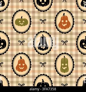 Seamless Halloween pumpkins pattern. Vector background with vintage jack o lantern frames on gingham backdrop. Stock Vector