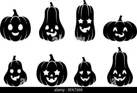 Halloween pumpkins silhouette icons set. Vector black jack o lantern collection isolated on white background. Stock Vector