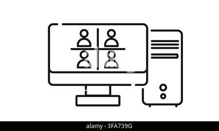 Desktop computer tower and monitor with four users video conference meeting symbol on screen vector icon. Stock Vector