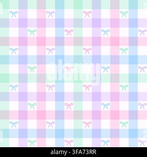 Pastel rainbow gingham seamless pattern with colorful bows. Plaid aesthetic for nursery, spring decor and kids. Stock Vector