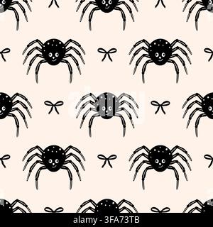 Seamless Halloween pattern with spiders and black bows. Vector monochrome autumn background for spooky designs. Stock Vector