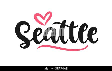 Hand drawn Seattle lettering with heart accent. Stock Vector