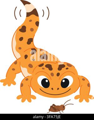 A cartoon-style leopard gecko with orange skin and black spots is crawling towards a small brown cricket. Stock Vector