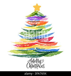Vector watercolor colorful christmas tree illustration. Hand drawn seasonal holiday greeting card background with abstract paint brush strokes Stock Vector