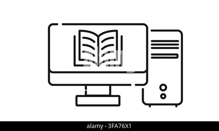Desktop computer tower and monitor with book symbol on screen vector icon. Black line art style on white background. Stock Vector