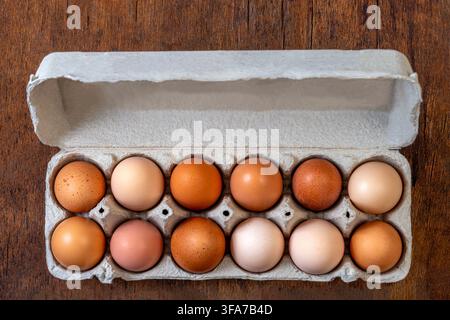 Twelve brown eggs of varying shades are held in an open grey molded pulp carton on a wooden surface. Stock Photo