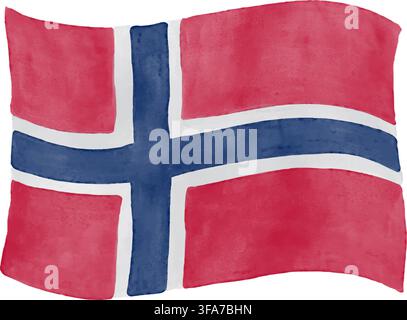 Waving flag of Norway hand drawn watercolor illustration isolated on white background. National symbol with Scandinavian cross for Norwegian patriotic Stock Vector