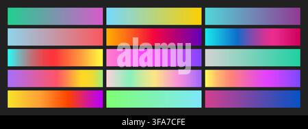 Iridescent gradient swatches showcase holographic rainbow colors with metallic sheen vector illustration set. Stock Vector