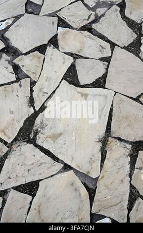 Close up vertical view of light tan weathered slate flagstone ground cover with porous, uneven stones set in black dirt with cracks water spots Stock Photo