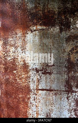 Vertical close-up view of a heavy rusted white painted metal surface with oxidized pitted corrosion and worn areas showing scratches and scrapes Stock Photo