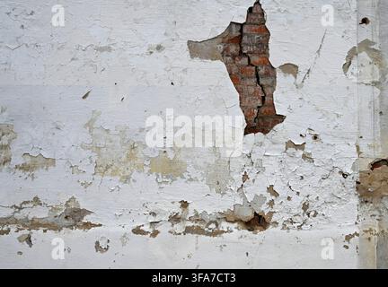 Horizontal close-up of a distressed white painted wall surface with flaking peeling paint, rough, uneven texture, holes exposing red brick and mortar Stock Photo