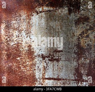 Horizontal close-up view of a heavy rusted white painted metal surface with widespread corrosion and pitted oxidation Stock Photo