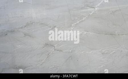 Horizontal close-up view of a white granite slab with gray veins and larger white veins Stock Photo