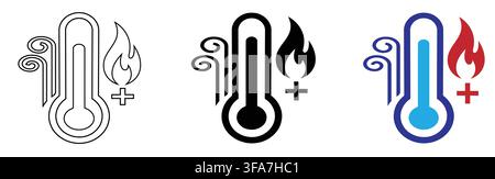 High temperature thermometer icons with swirls with one featuring plus sign temperature accompanying visual three distinct thermometer Stock Vector