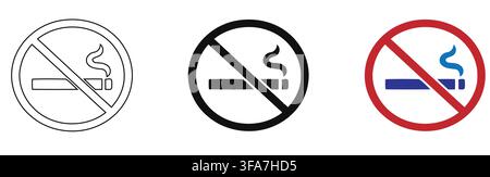 Vector set of no smoking signs in outline solid with displays collection prohibition symbols illustrating cigarette crossed out various graphic styles Stock Vector