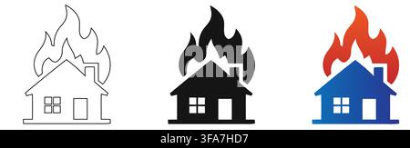 Collection of house on fire icons outline silhouette with displays three distinct icons representing house engulfed flames presented outline solid Stock Vector