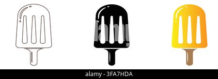 Three stylized icons of popsicles showing outline solid black with displays three distinct graphical representations popsicle third vibrant Stock Vector