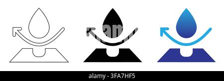 Water drop icon with absorption with displays three distinct icon variations representing water absorption curved line directional Stock Vector