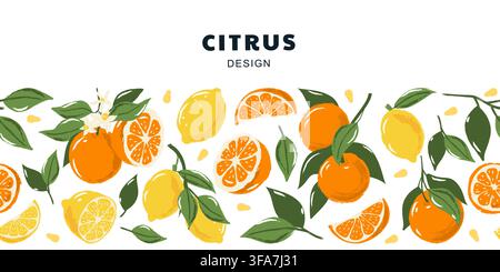 Vector watercolor citrus seamless horizontal background with lemon orange tangerine and leaves. Hand drawn tropical fruits design concept for product Stock Vector