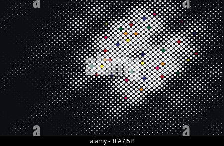 Abstract halftone pattern with colorful dots on black background with dots gradually increase pattern composed white increase size density Stock Vector