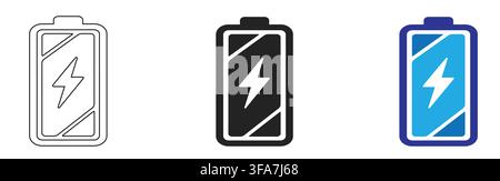 Three battery charging icons in outline solid black with vibrant blue color variations against clean white background symbolizing charging presented Stock Vector