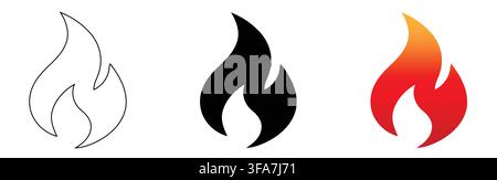 Three stylized flame icons outline silhouette with showcasing variations artistic representation arranged horizontally against white background Stock Vector