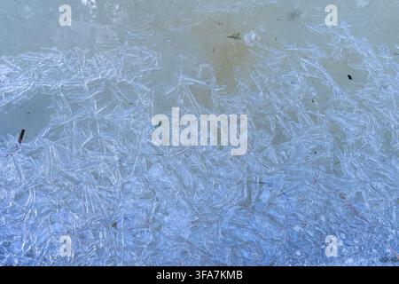 Natural ice crystal pattern forming sharp frozen structures on surface of winter water. Stock Photo